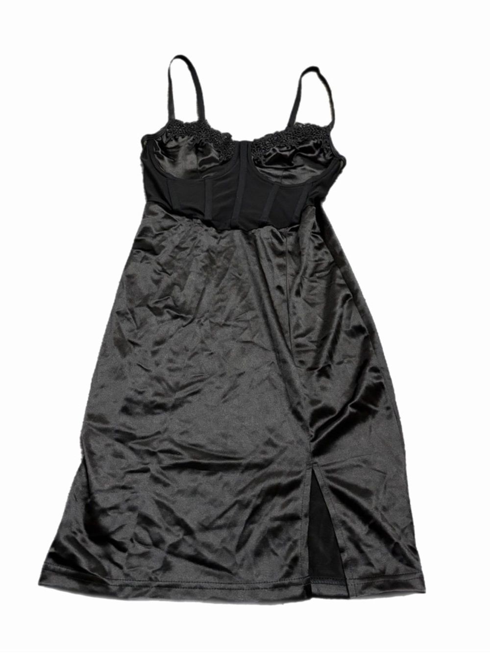 Y2K European Vintage Satin Corset Floral Embroidery Going Out Slip Dress Black S